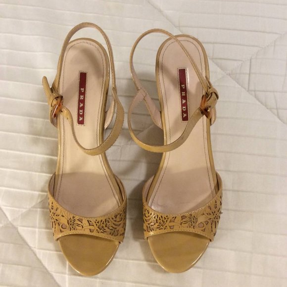 Prada Cutout Patent Leather Wedge Sandals - Picture 1 of 10